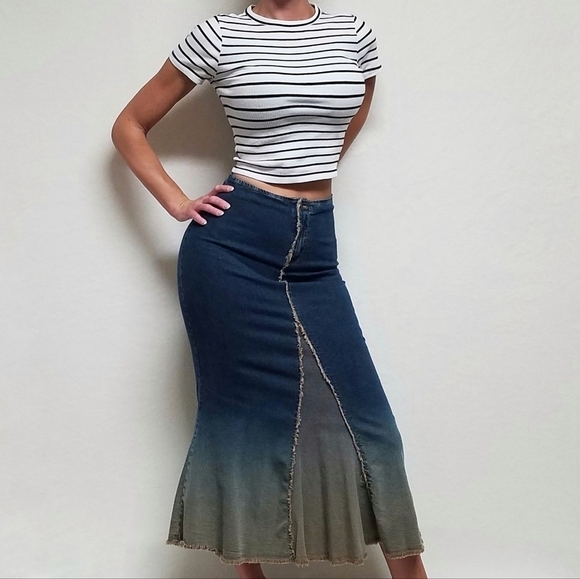 RARE Vintage Clothes Compact Raw Cut Midi Stretchy Ombre Denim Mermaid Skirt Med - Picture 3 of 15
